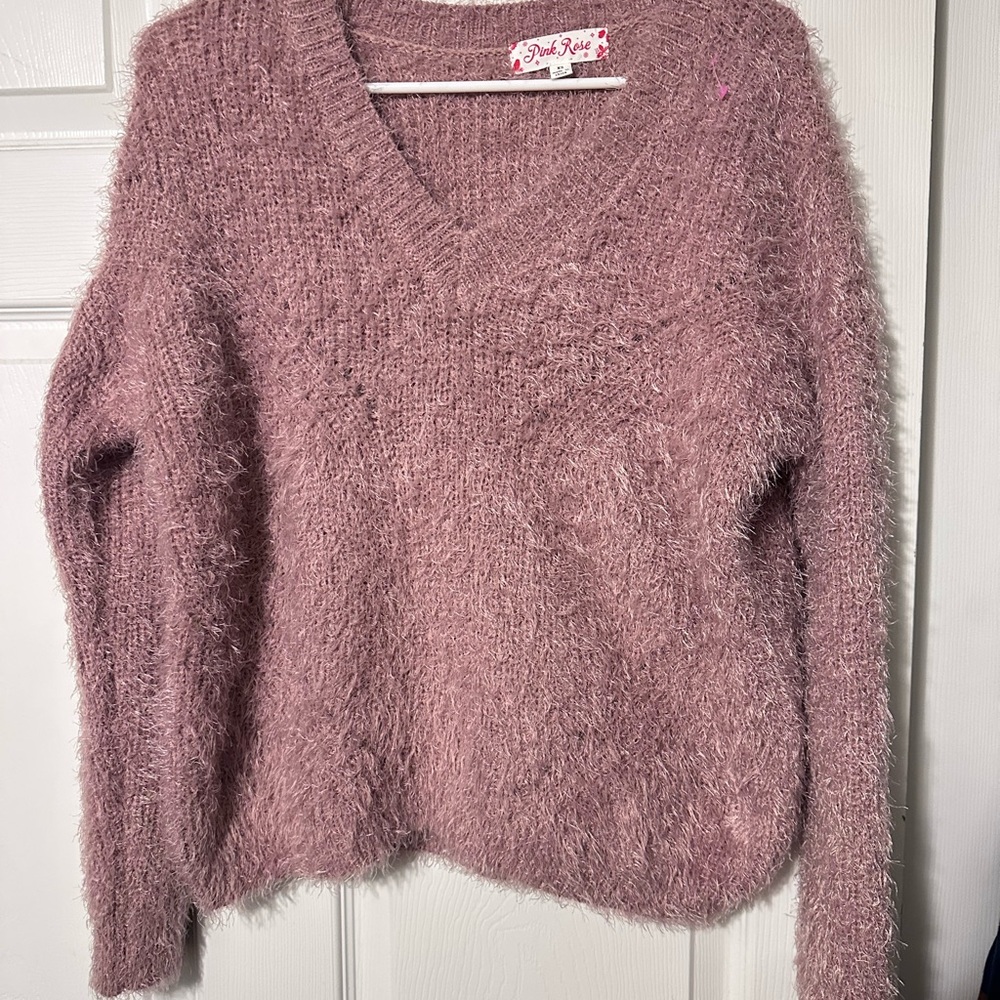 Pink Rose Women's Mauve Fuzzy V-Neck Sweater